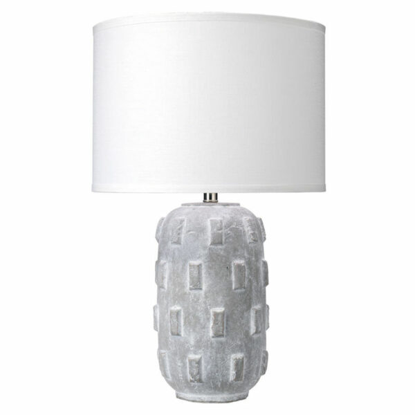 Boulder Table Lamp In Grey Ceramic With Classic Drum Shade In White Linen