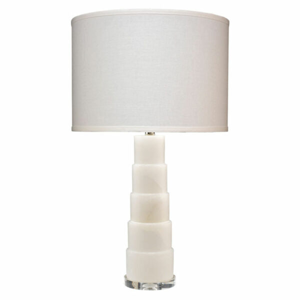 Caspian Table Lamp In White Alabaster With Classic Drum Shade In White Linen