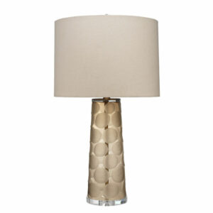 Pebble Table Lamp In Taupe Etched Glass With Drum Shade In Stone Linen