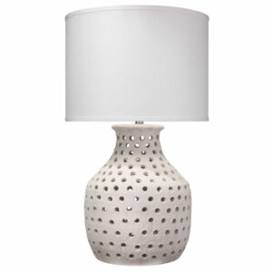 Porous Table Lamp In White Matte Ceramic With Large Drum Shade In White Linen